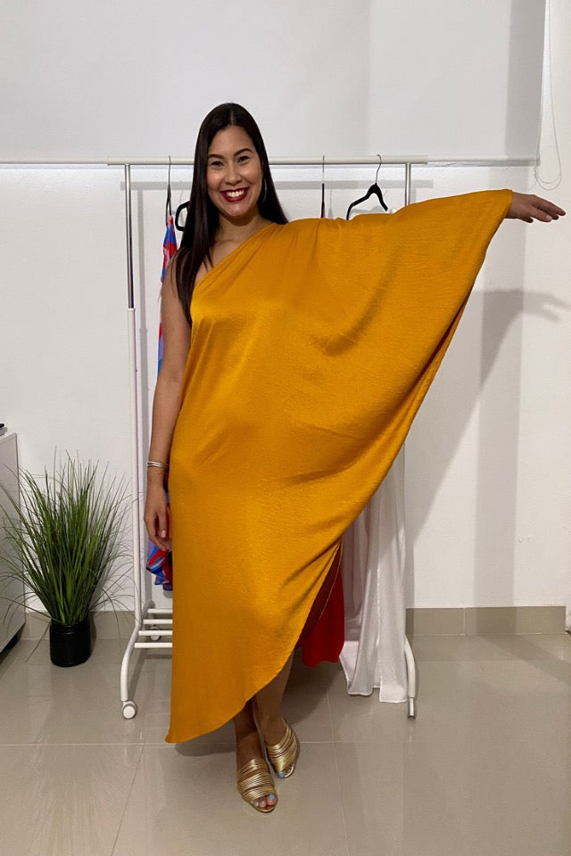 Mustard Satin Crepe Asymmetrical One Sleeve Dress