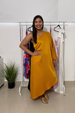 Mustard Satin Crepe Asymmetrical One Sleeve Dress