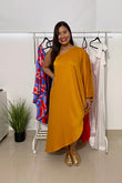 Mustard Satin Crepe Asymmetrical One Sleeve Dress