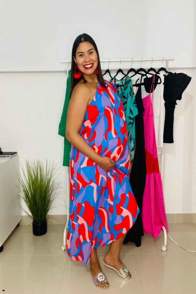 Color Mixer Asymmetrical One Sleeve Dress